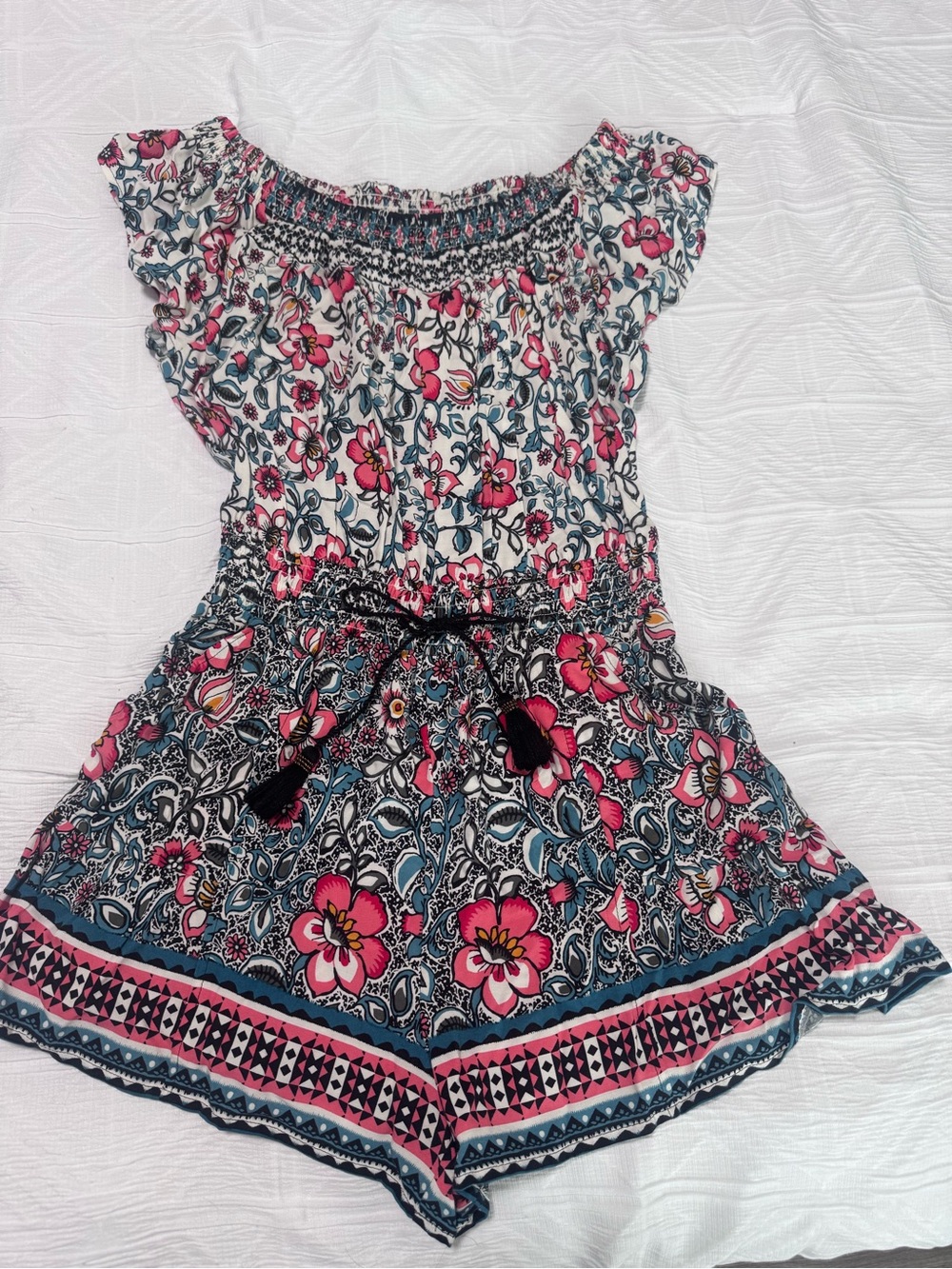 Express women’s Floral Elastic-Waist Romper in Pink and Blue